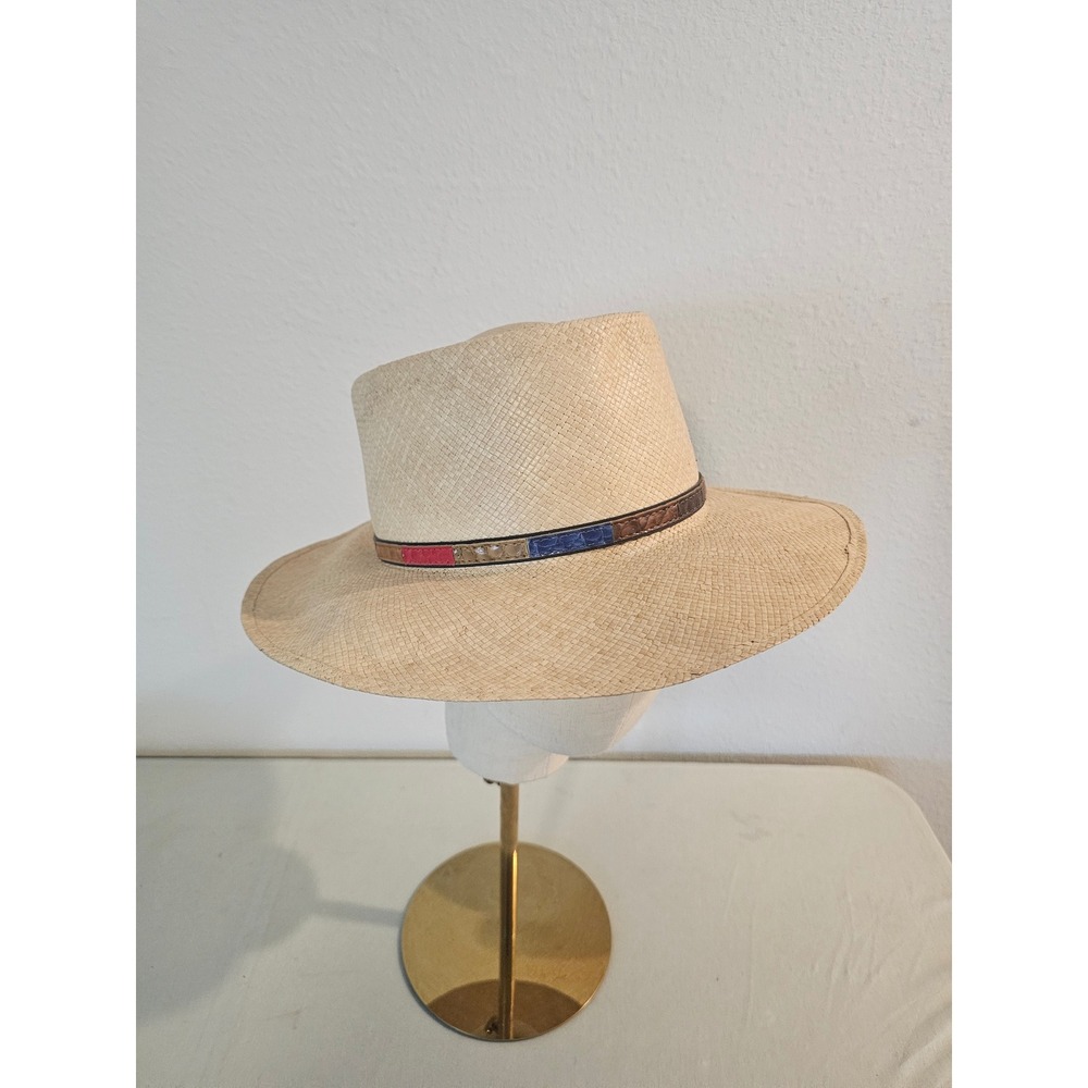 Stetson 7 1/8 Straw Fedora Hat Natural Woven With Multicolor Leather Band
